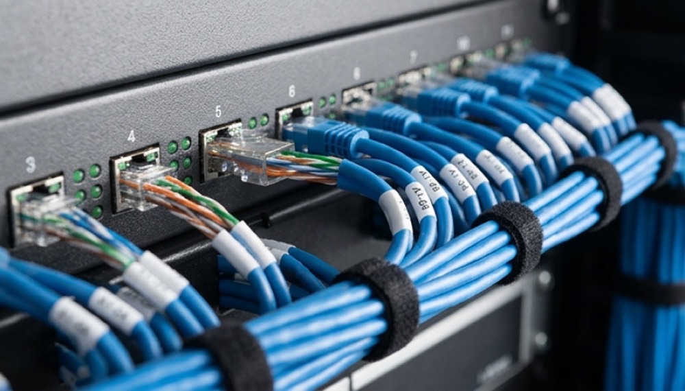 Blue Cat 5 network cabling neatly patched into a switch